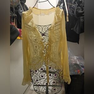 SHEIN Yellow Sheer Lace-Up Blouse